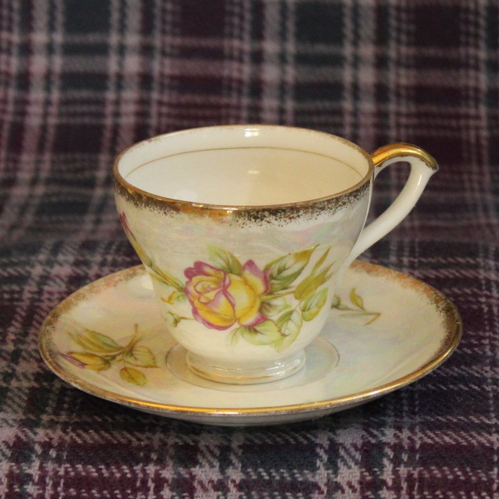 Vintage Japan Luster Rose Teacup and Saucer